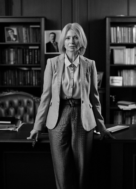 A senior partner beside her desk in a book lined office
