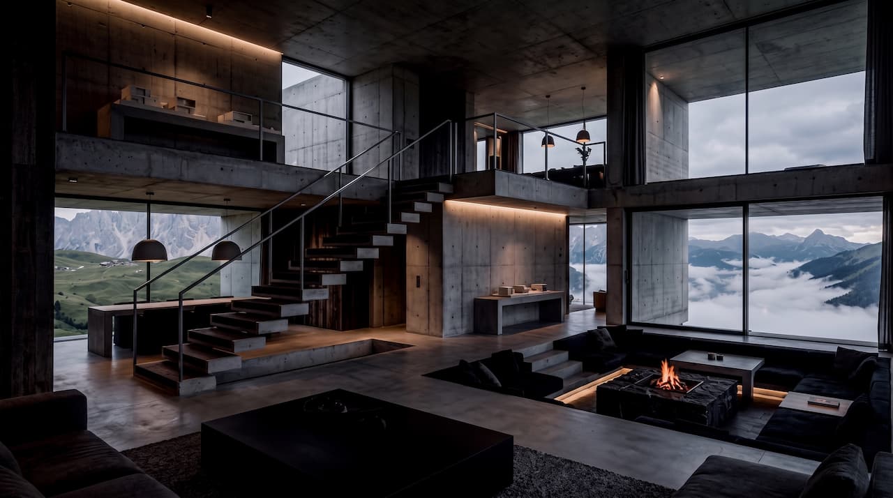 Silva Matrix: a double-height brutalist interior with an open stair and stone fireplace