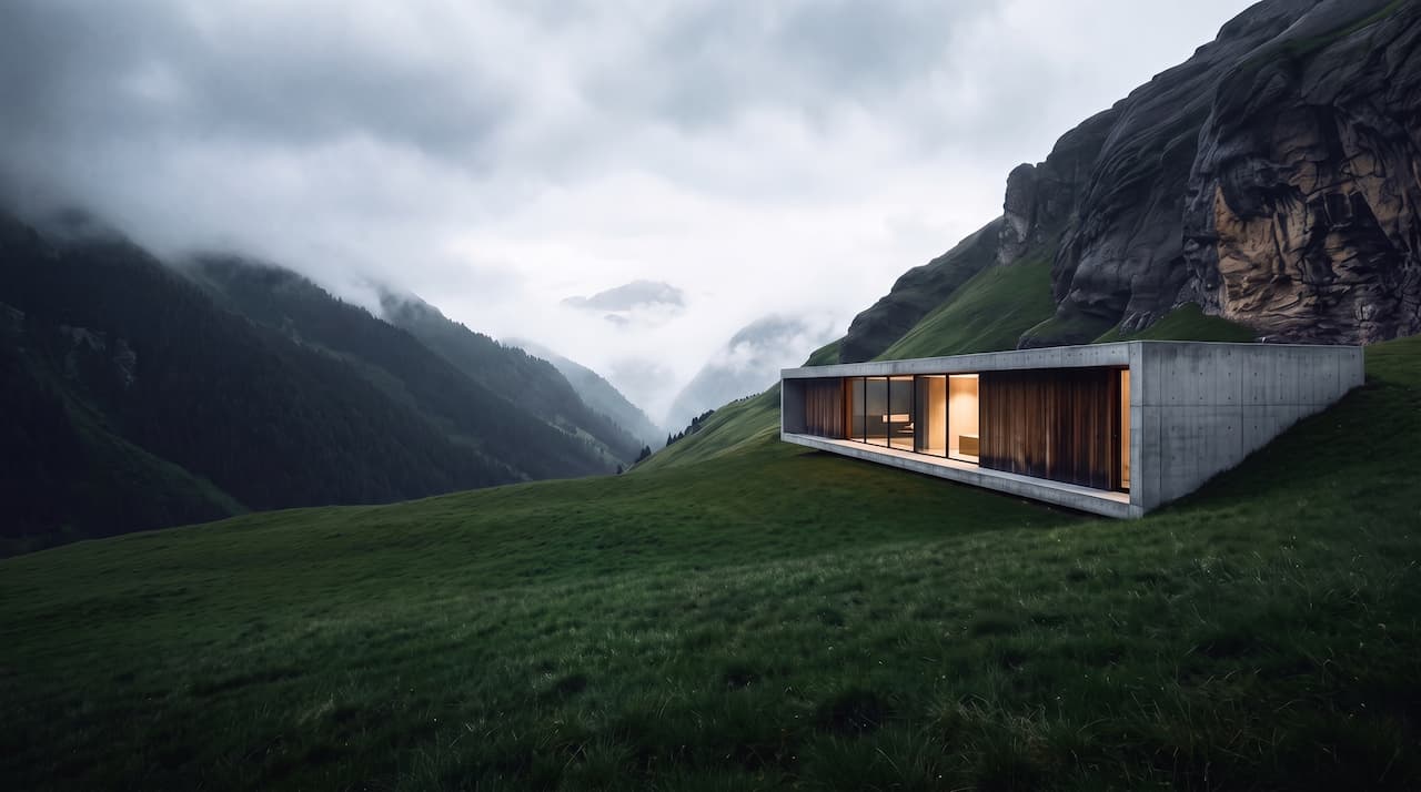 Silva Ridge: a low horizontal bar cut into the slope above a mist-filled valley
