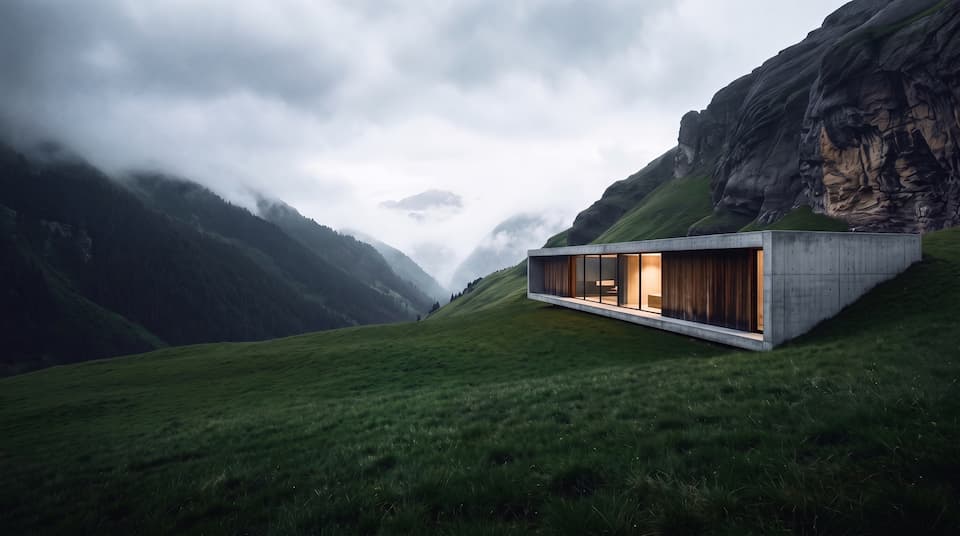 A concrete residence set low into an alpine meadow above a mist-filled valley