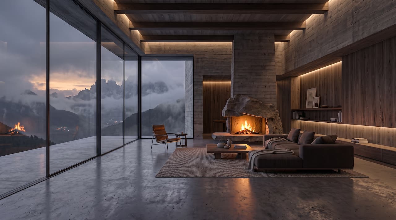 A warmly lit living space at dusk, its glass wall open to the mountains