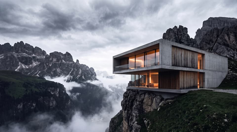 A cantilevered concrete residence on a cliff edge above a sea of cloud in the Dolomites