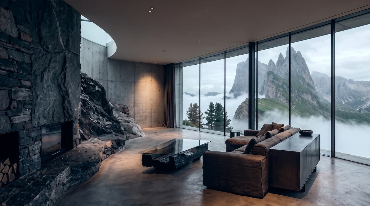 Silva Orbit: a curved concrete lounge opening onto the foggy Dolomites through full-height glass