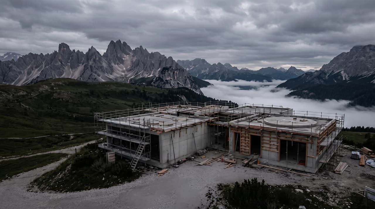 The residence at structural frame stage, still under scaffolding