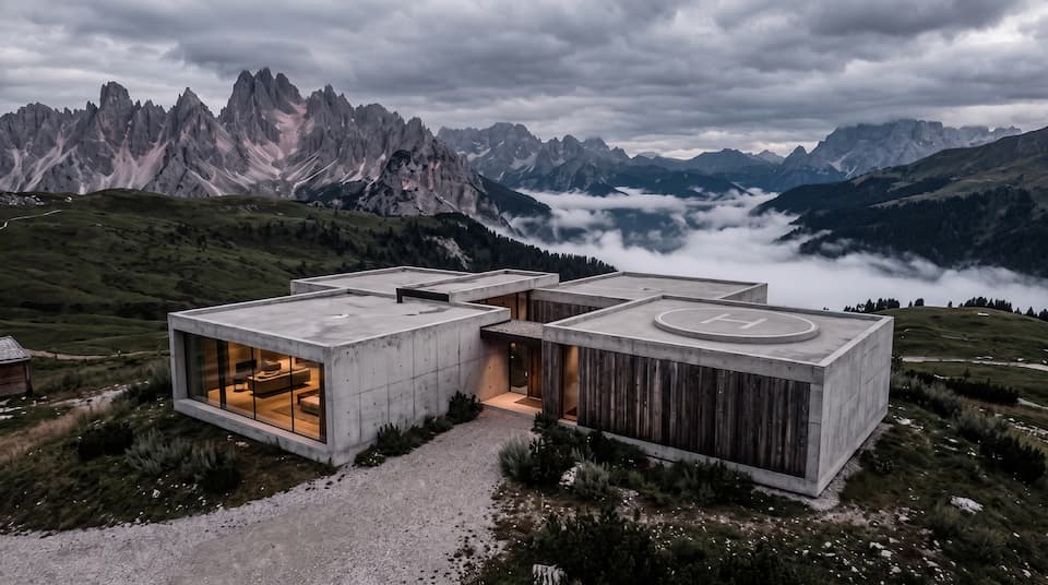 A modular concrete residence on a high plateau beneath the Dolomite spires