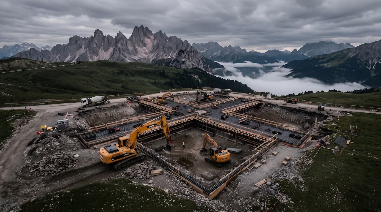 Deep excavation and earthworks on the Silva site, with the structural footprint staked out