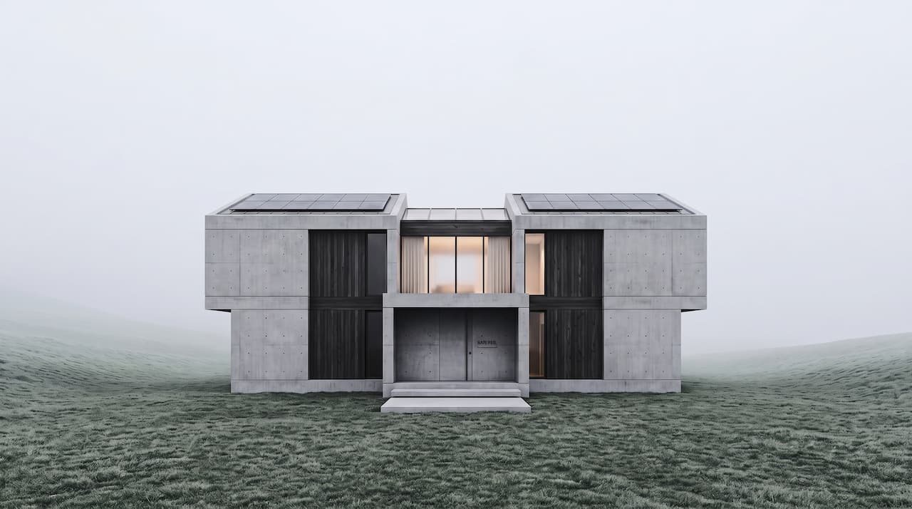 The frontal elevation of a brutalist concrete residence standing in alpine fog