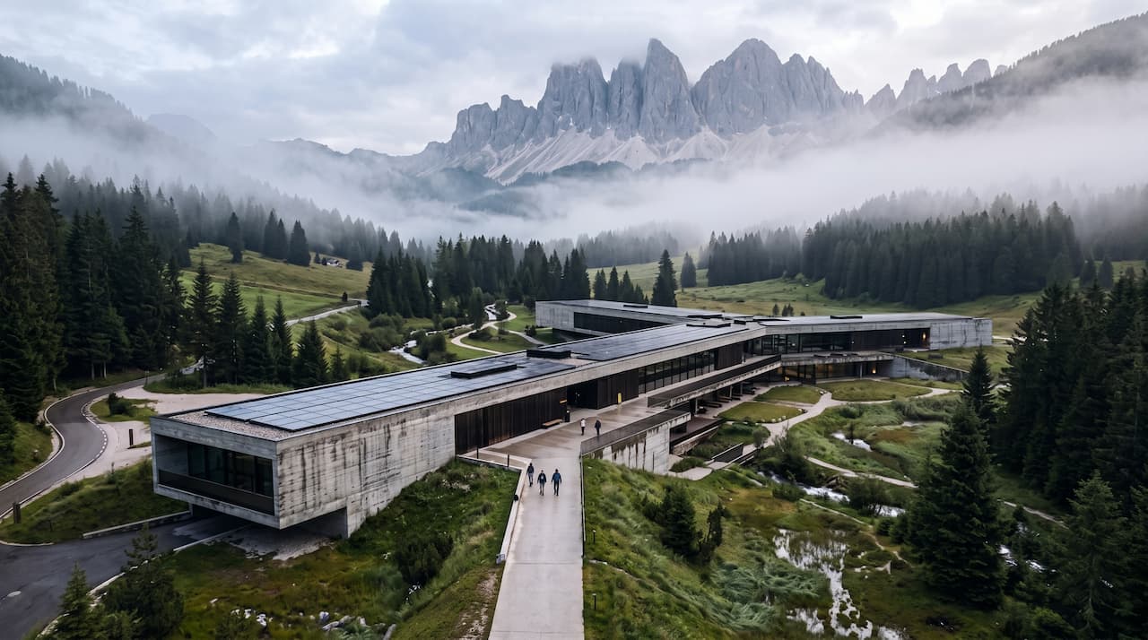 The Urban Commons, a long low station building set into a Dolomite valley