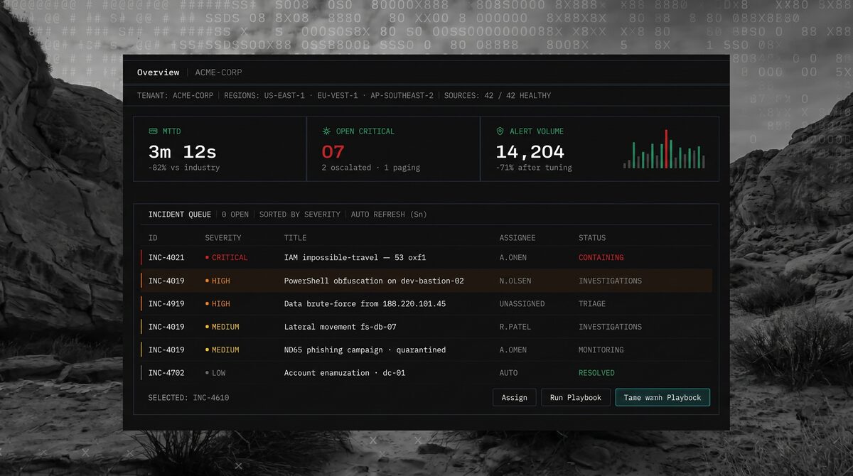 Veltix security console showing mean time to detect, open critical incidents and a sorted incident queue.