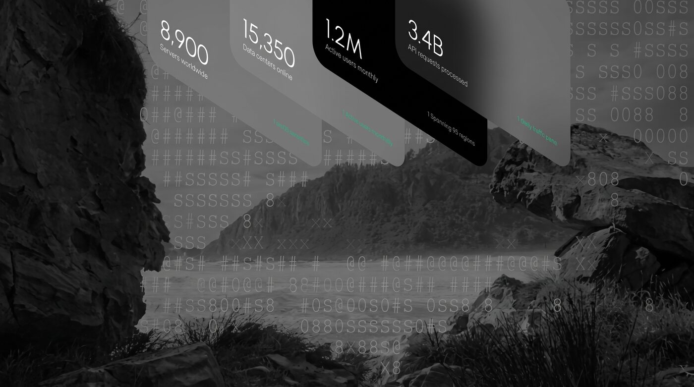 Floating statistic panels — 8,900 servers worldwide, 15,350 data centers online, 1.2M active users monthly, 3.4B API requests processed — above a coastline.